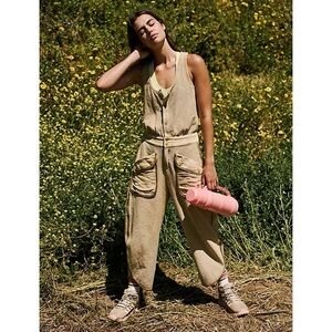 NWT Free People Timko Onesie One Piece Wide Leg Jumpsuit FP Movement Sweat Tan